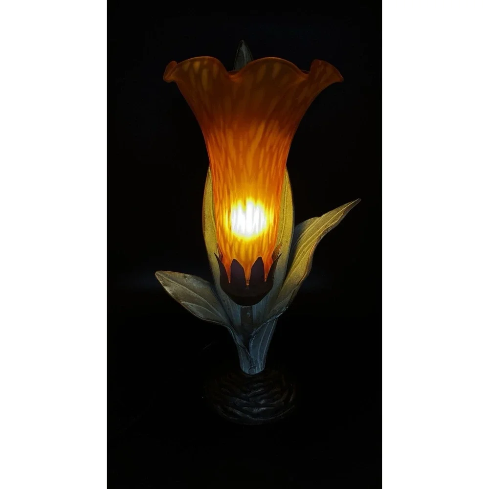 Vintage Tiffany-Style Orange Trumpet Tulip Accent Lamp With Bronze Leaves